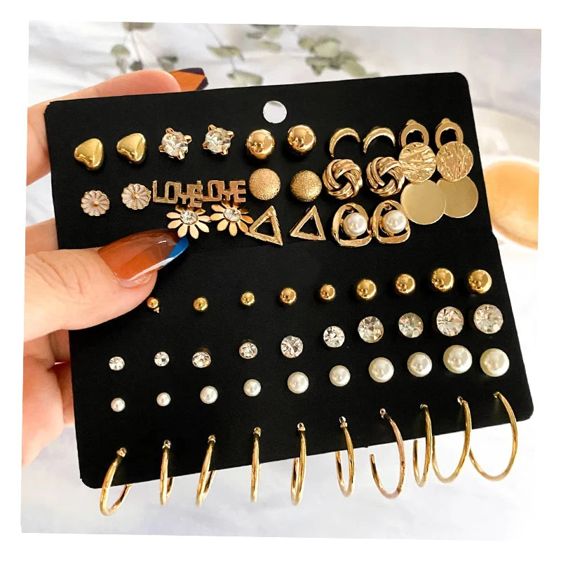 Fashion Women Trend Jewelry Crystal Stud Earrings Set Korean Geometric  Tassels Hoop Pearl Earrings