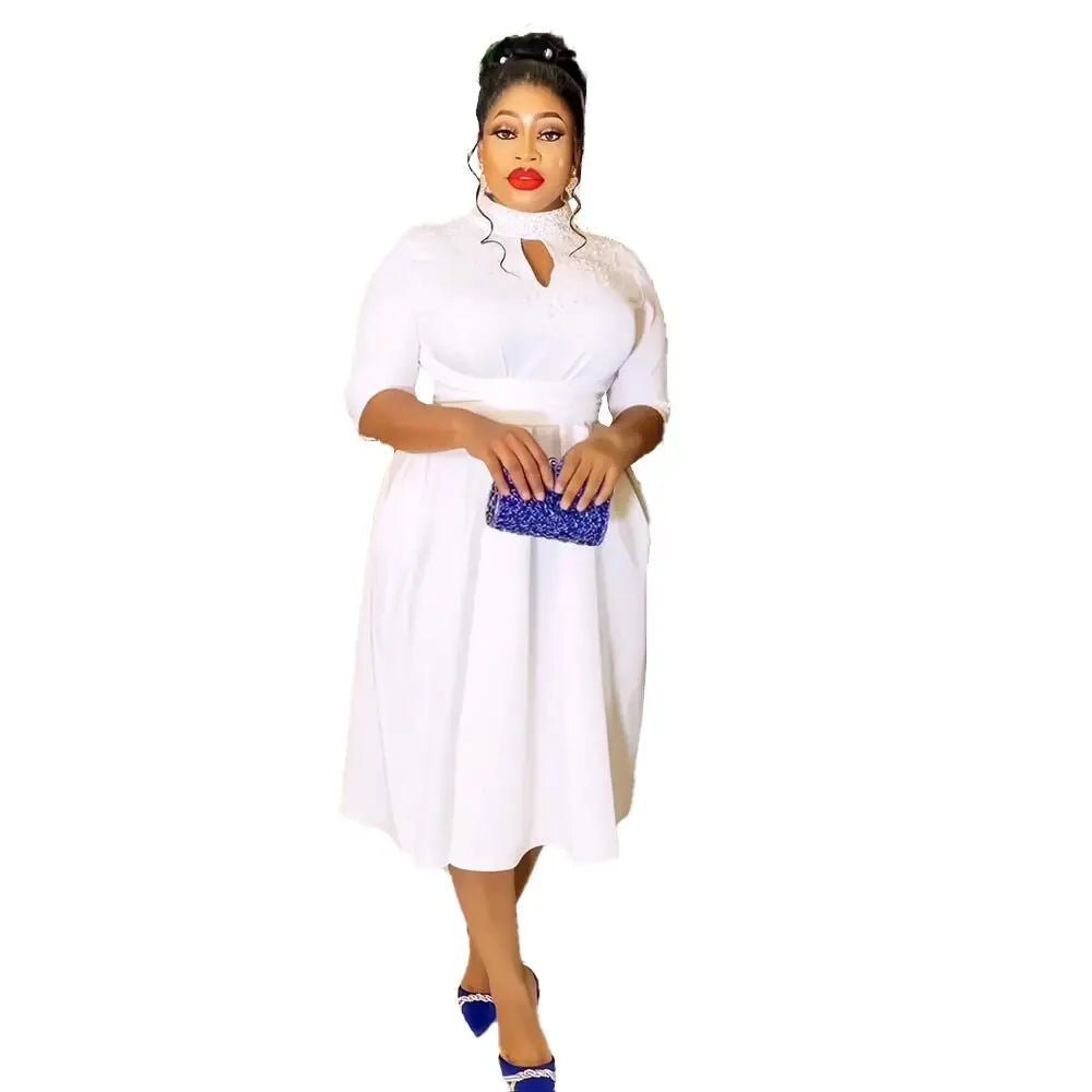 Good Selling Elegant African Party Dresses Stand Collar with Pearl Decoration Elegant Evening Gowns for Summer Seasons