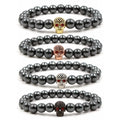 Vintage Hematite Therapy Beads Bracelet Men Women Healing Energy Natural Stone Adjustable Skull Balls Owl Jewelry 4 PCS Set