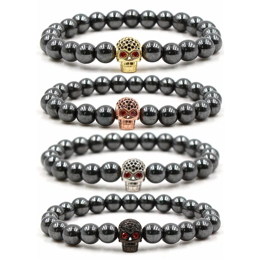 Vintage Hematite Therapy Beads Bracelet Men Women Healing Energy Natural Stone Adjustable Skull Balls Owl Jewelry 4 PCS Set