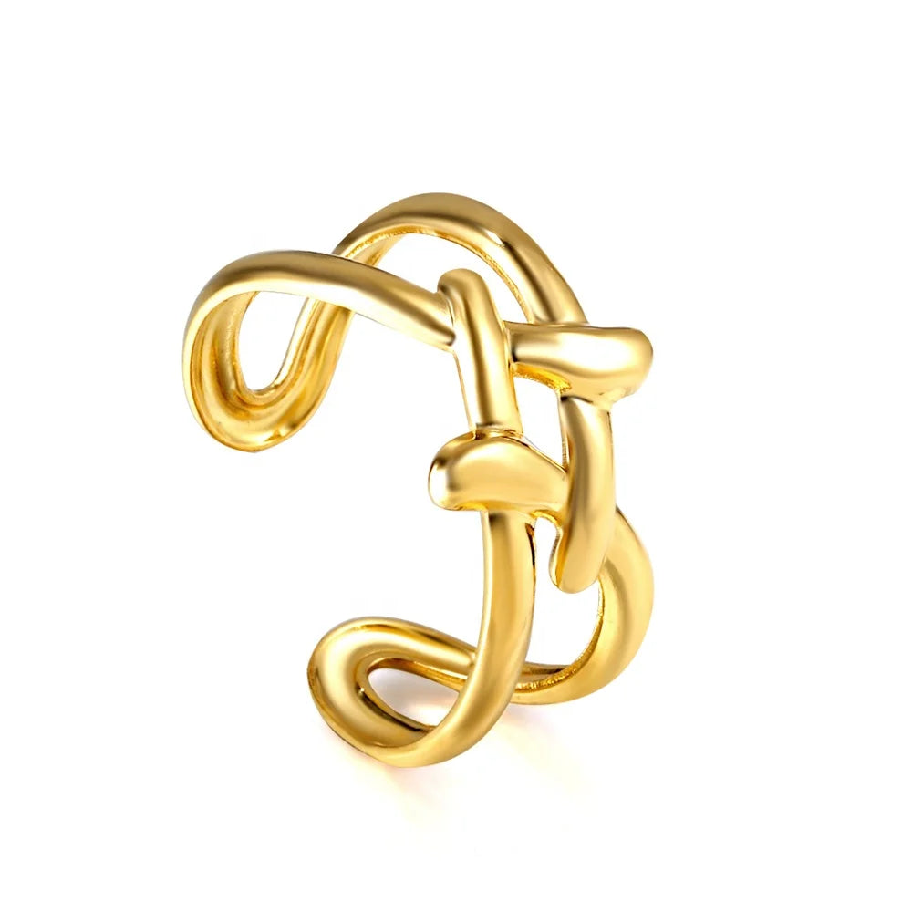 Minimalist Irregular Design Women Ring 18K Gold Plated Jewelry Gift Custom Stainless Steel Open Weave Line Adjustable Ring