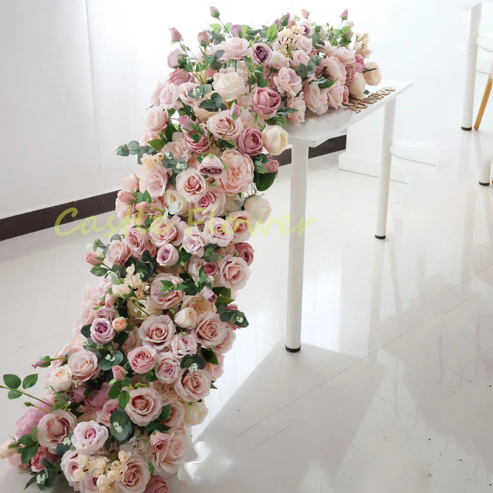 C-FR004 Custom Artificial Silk White Rose Flower Aisle Table Runner Row Garland for Wedding Arrangement Decoration