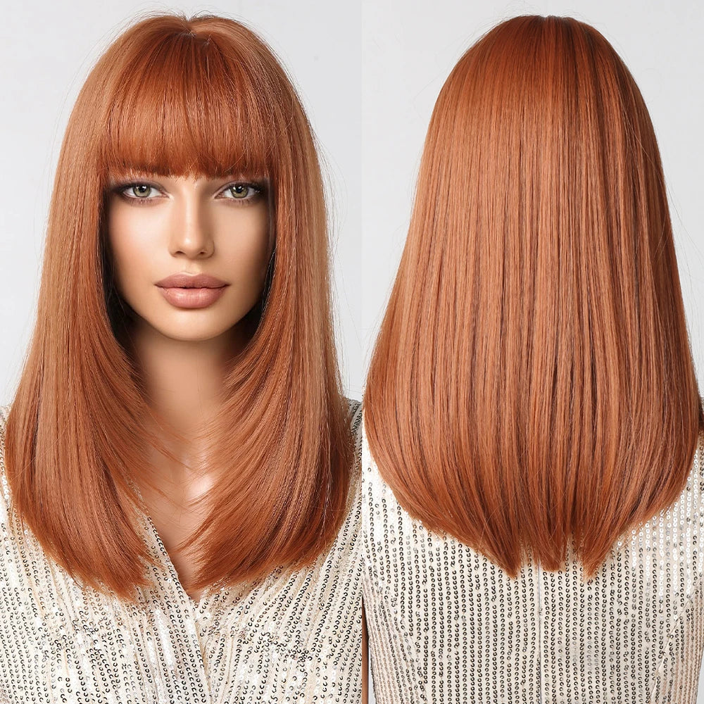 Wholesale Orange Bob Hair Wig Middle Length Copper Ginger Wigs for Women Synthetic Straight Wig with Bangs Heat Resistant