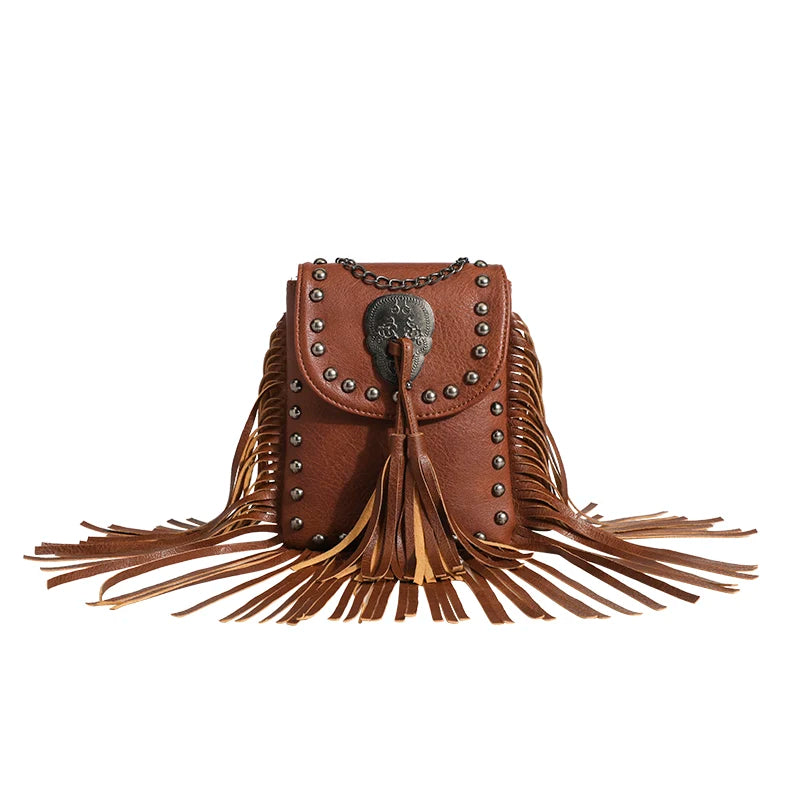 Wholesale Girls Trendy Rivets Metal Skull Crossbody Bag for Women With Leather Tassel Shoulder Chain