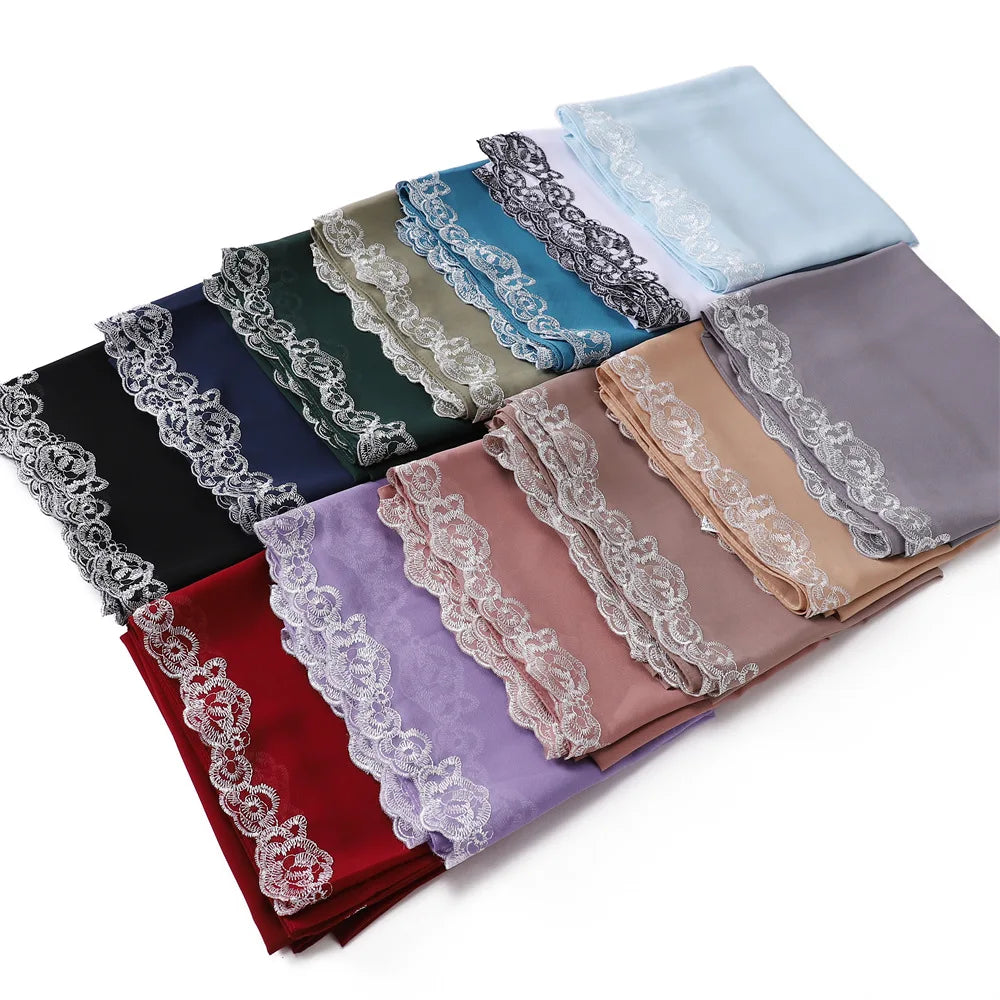 Lace Plain Chiffon Hijabs With Embroidery Muslim Headband Headscarf Female Islamic Head Cover Wrap for Women Modest Turbans