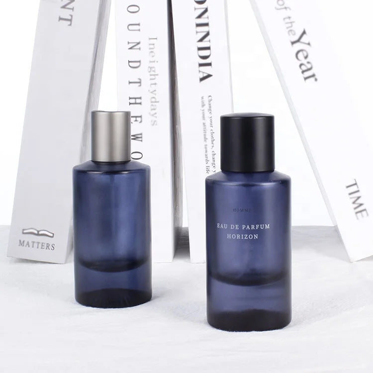 Custom Color 50ml Fancy Style Dark Blue Men Empty Luxury Glass Perfume Bottle with Spray Cap Screen Printing Pump Sprayer