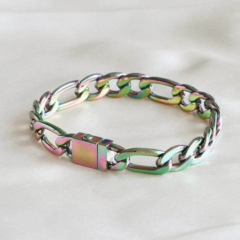 Iridescent Figaro Link Chain Bracelet Mens Unisex Multi Tone Heavy Biker Jewelry