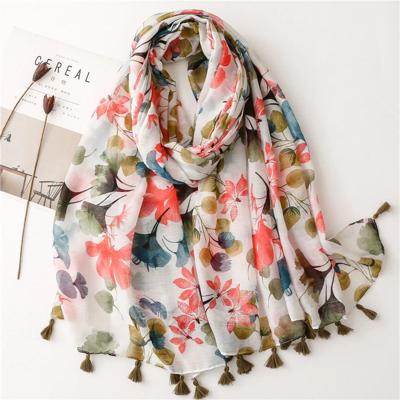 Elegant Boho Style Girls Pink Olive Green Floral Print Cotton Feel Scarves Muslim Women Hijab Fashion Scarf Malaysia Hijab Shawl