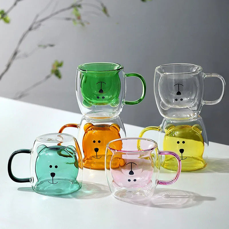 Heat Resistant Cute Bear Glass Water Cup Borosilicate Double Walled Glass Coffee Cup Mug with Handle