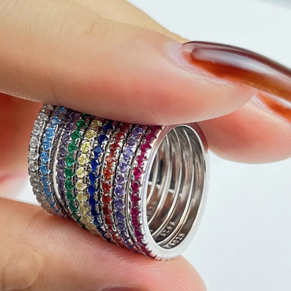 Glossy Polished 925 Sterling Silver Gemstone Wedding Rings Round Brilliant Cut Colorful CZ Zircon Eternity Rings for Women