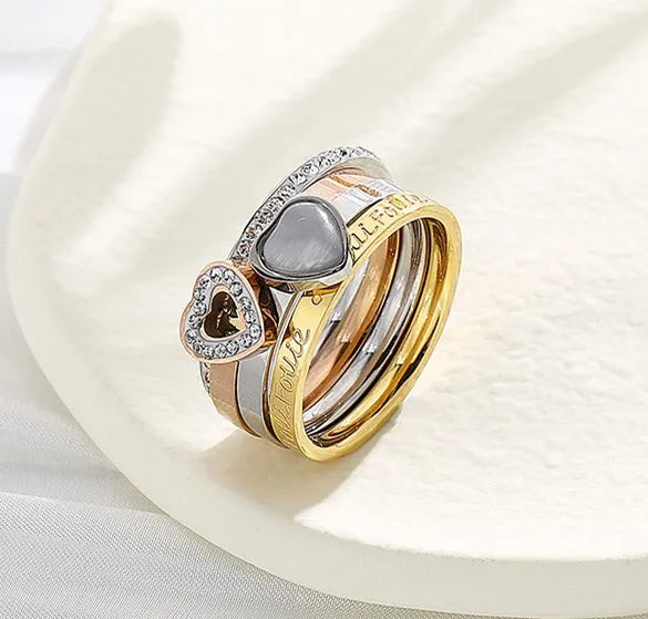 Popular Ins Style Stainless Steel Ring Four in One Heart-shaped Full Diamond Detachable Finger Fashion Jewelry Accessories