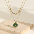 Double Layer Beads Chain Necklace Stainless Steel Gold Necklace Round Card Inlaid Star Pendant Necklace for Women