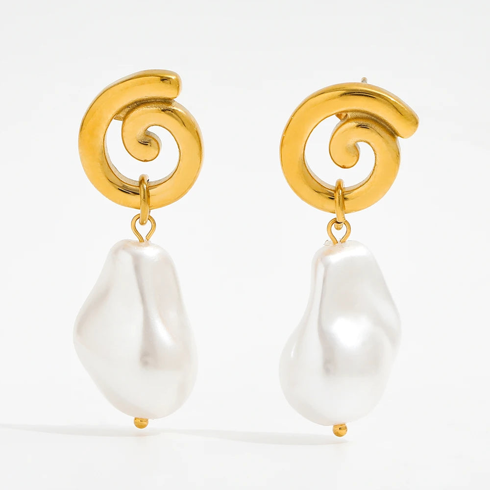 Trendy Earring 18K Gold Plated Snail Pearl Pendant Stud Earring Stainless Steel Earrings Wholesale