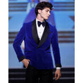 Hot Selling Blue Velvet Men Suits Black Shawl Lapel Two-Piece Wedding Banquet Grooms Suit Double Breasted Closure Men's Suit