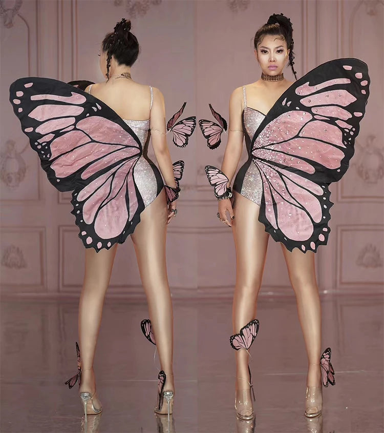 Festival fairy butterfly wings Stage Show Rhinestone Bodysuit Dance Clothes Women Stage Birthday Party Nightclub Cosplay Costume