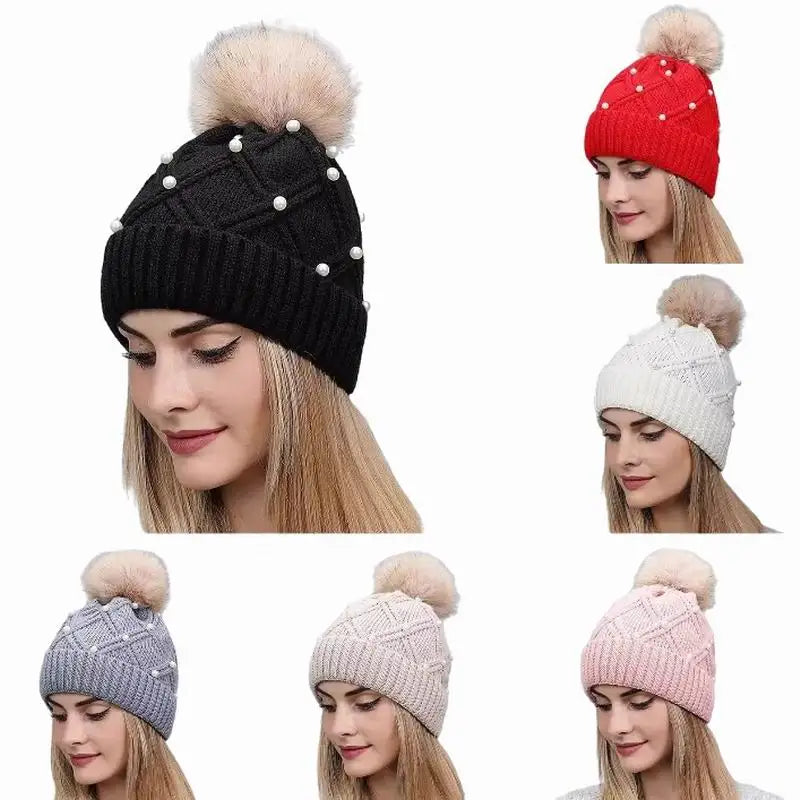 Custom logo Women Slouchy Beanie Hat Knit Hats Winter Trendy Beaded Pearl Chunky Warm Beanies With Pompom
