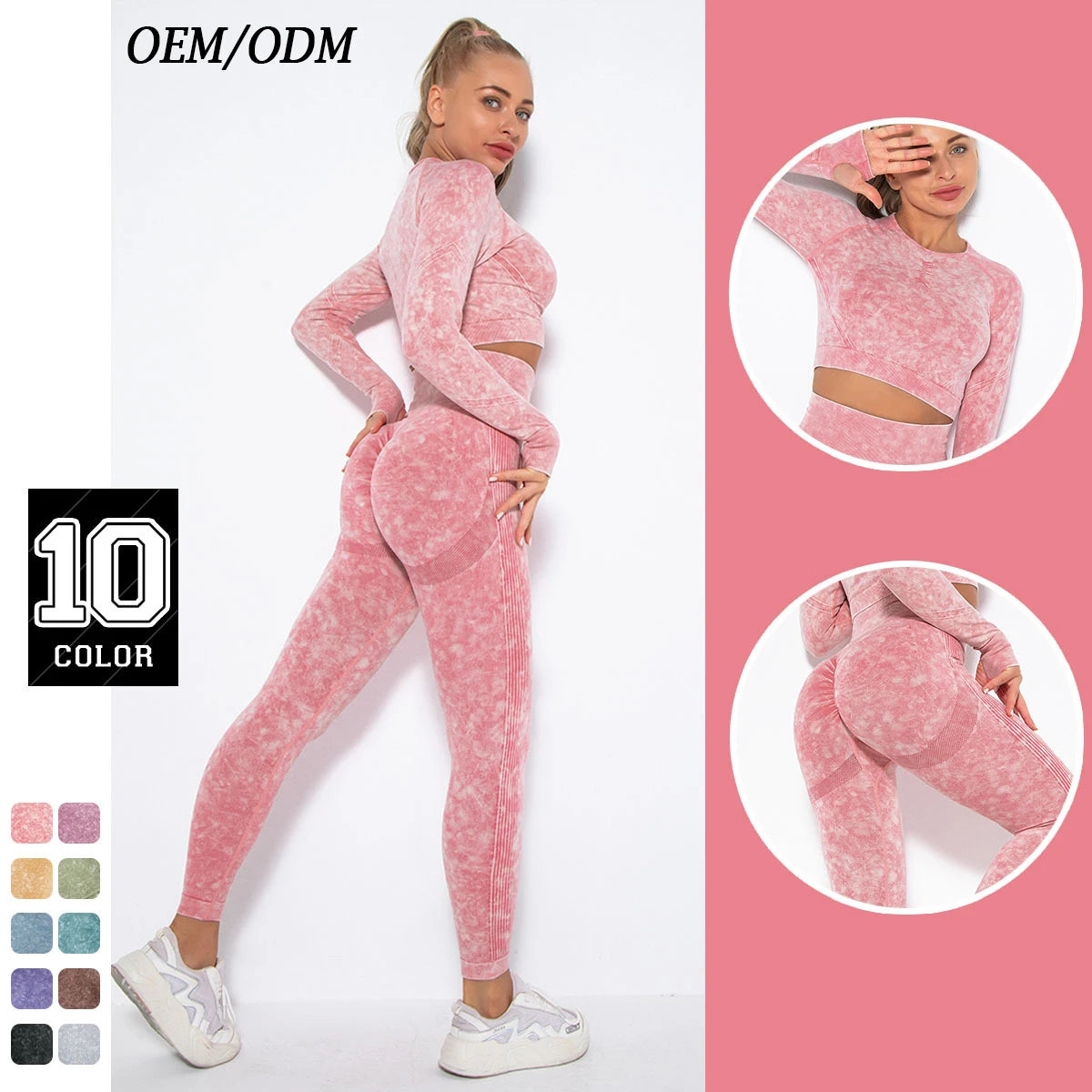 Custom Logo Women's Blank Pink Color Yoga Wear 2 Piece Crop Top and Butt Lift Leggings Retro Washed Seamless Yoga Sportswear Set