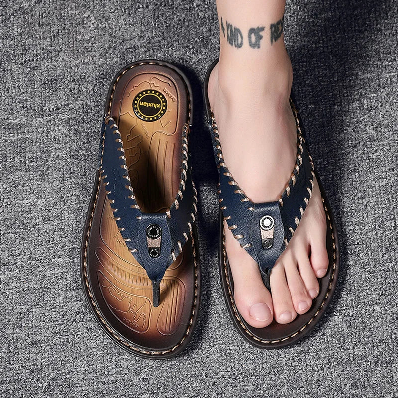 Classic Fashion Trend Men's Hand-stitched Microfiber Leather Comfort Soft Outdoor Slippers with Rubber Outsole for All Seasons
