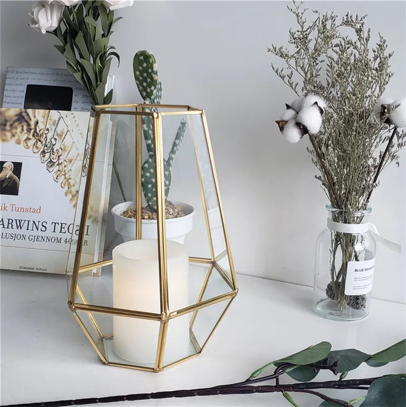 High Quality Handmade Copper+glass Moroccan Geometric Design Candle Jar Lantern for Home Christmas Decor