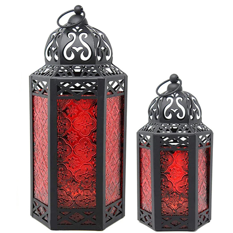 Mexico Iron Lanterns Moroccan Candle Lantern Holder With Colorful Glass in Home Decor