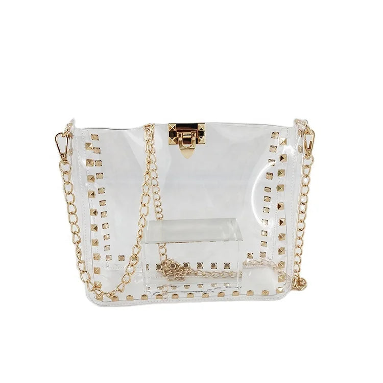 High Quality Factory Sale PVC Jelly Women's Shoulder Bags Chain Rivet Mini Purse Crossbody
