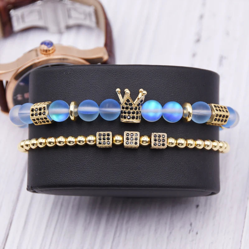 New Fashion Jewelry Glitter AB Moonstone Glass Crystal Beads Bracelet CZ Crown Charm Elastic Bracelet Women