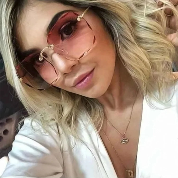 FLY Women's Vintage Square Large Frame Sunglasses Frameless Oculos De Sol Diamond Cut UV400 Tac Pink PC Eyewear for Ladies