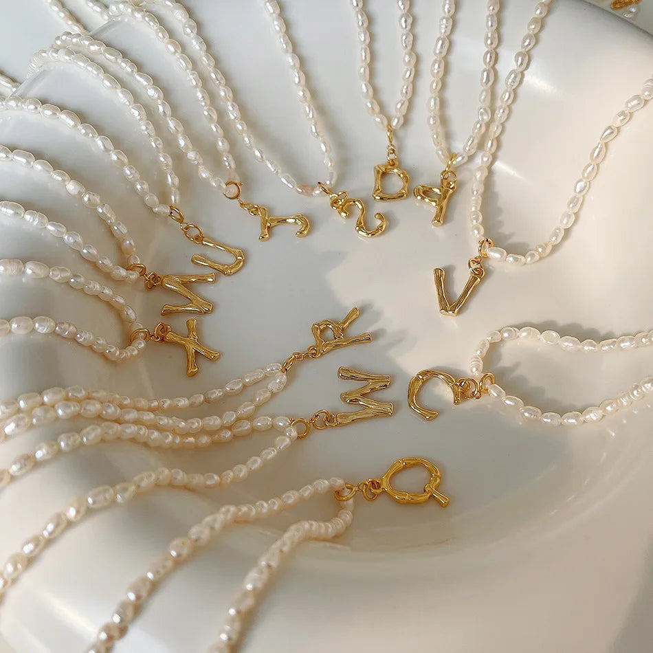 Vintage 18K Gold Plated Bamboo Letters Necklace 925 Sterling Silver Freshwater Pearl Chain Initial Pendant Necklace