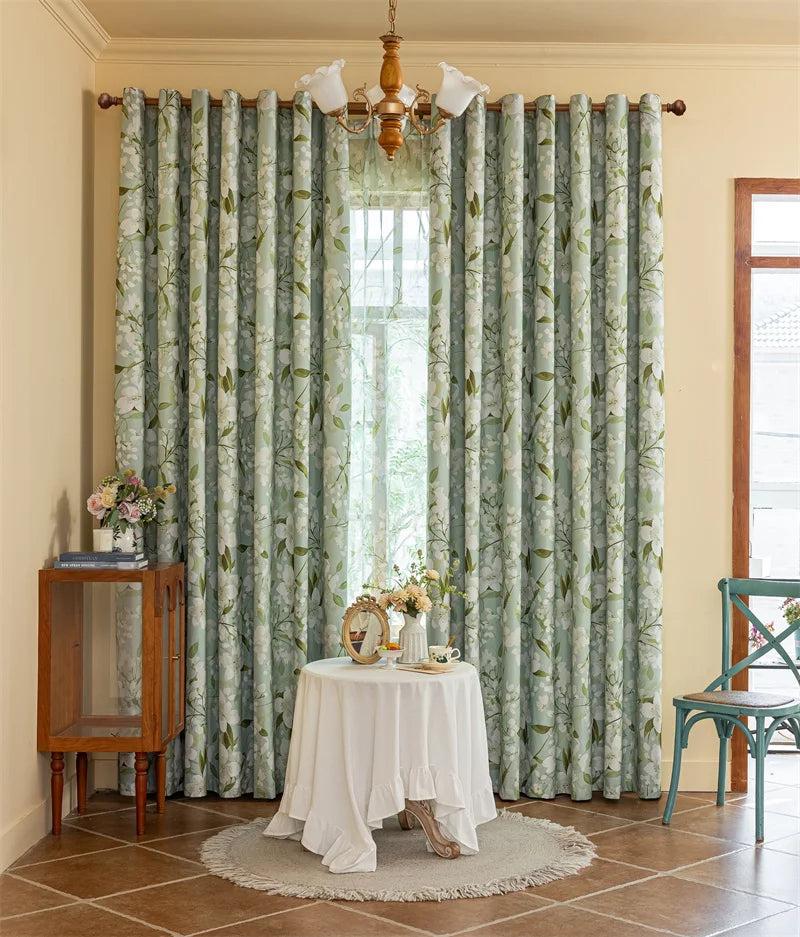100% Blackout Floral Curtains for Bedroom Sage Green Curtains Front Blossom Patterned Thermal Insulated Drapes for Living Room