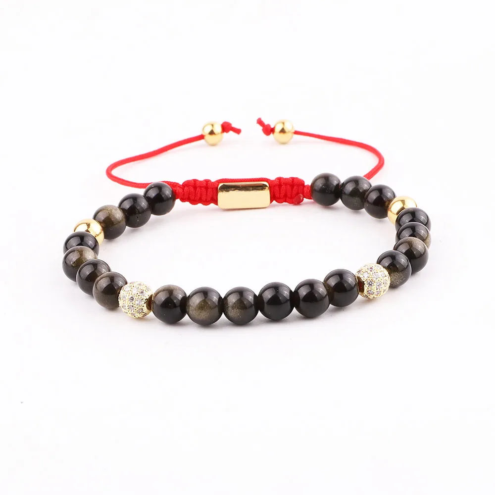 New Design Natural Stone Black Obsidian Cubic Zircon Disc Ball Red Cord Lucky Custom Macrame Bracelet JBS12260