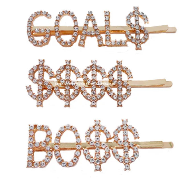 2025 Wholesale Women Rhinestone Hairgrip Dollar Sign $  in Gold/Silver for Mixed Designs Barrette Hairpins