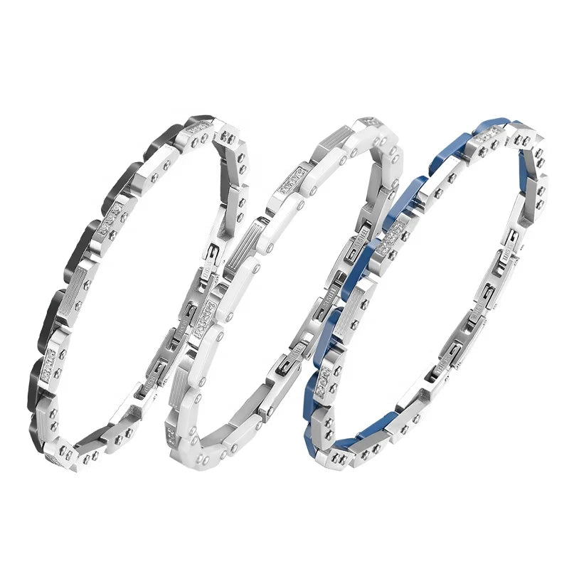 316 Stainless Steel Bracelet with White Ceramic Stain Design for Men and Women Elegant CZ Blue Bangle for Father Gifts