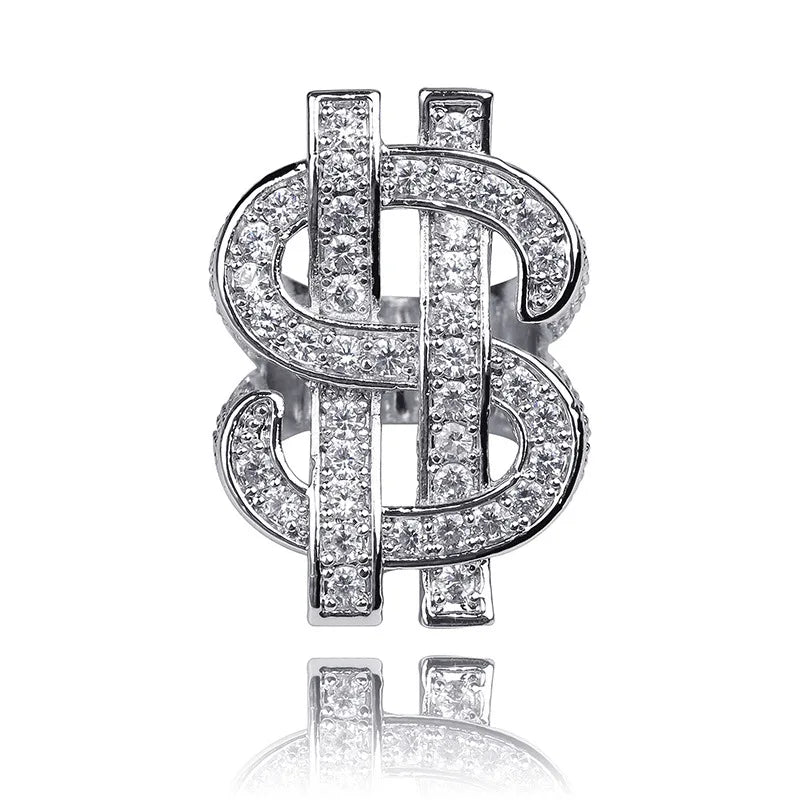 Hiphop 18K Gold Plated Cz Diamond Crystal Dollar Sign Rings Iced Out Ring Mens Dollar Money Finger Ring