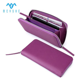 Customizable Full Grain Genuine Leather Long Wallet with Zipper Fashionable Embossed Travel Purse Featuring Cash Logo