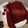 Elegant Autumn and Winter New Wine Red Coat Women's French High Grade Thick Tweed Round Neck Short Top