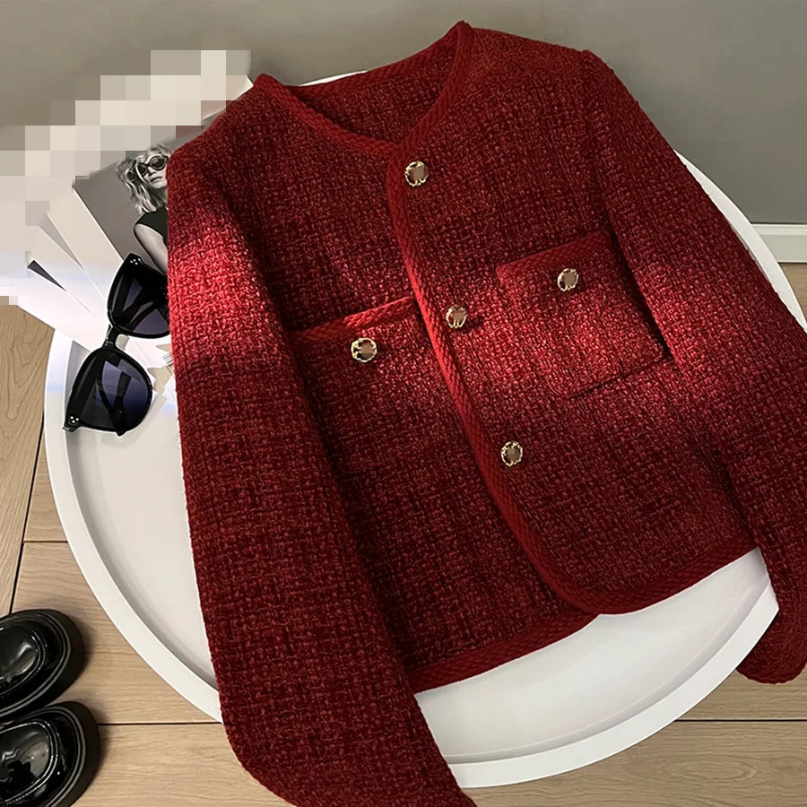 Elegant Autumn and Winter New Wine Red Coat Women's French High Grade Thick Tweed Round Neck Short Top