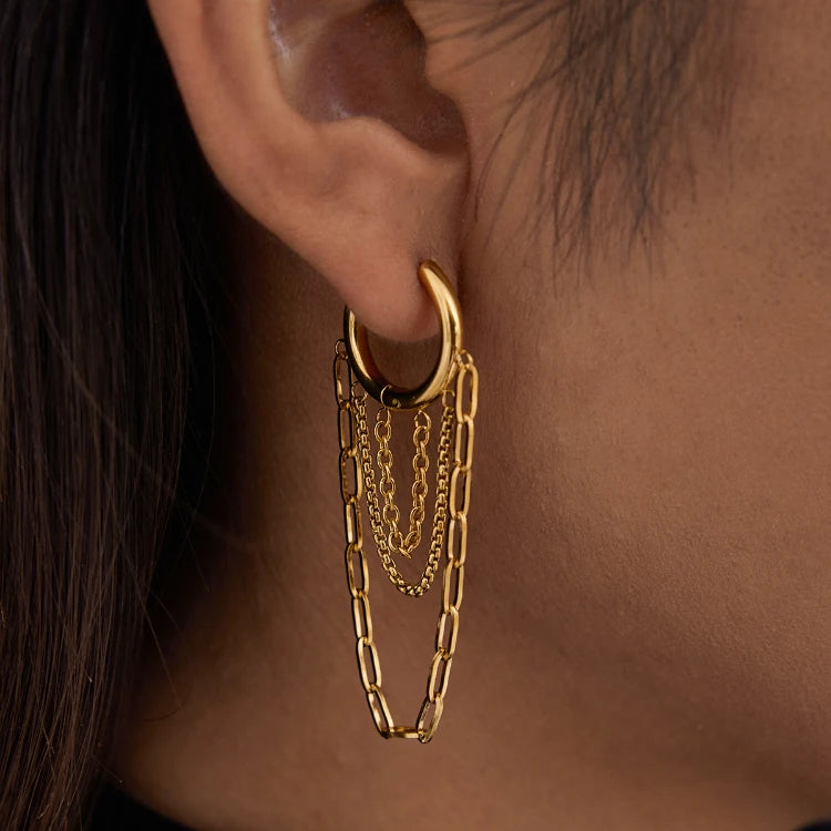 G4566 Autumn Collection Tassel Earring 18K Gold Plated Stainless Steel Tassel Earring Trendy 3 Layers Chain Tassel Earrings