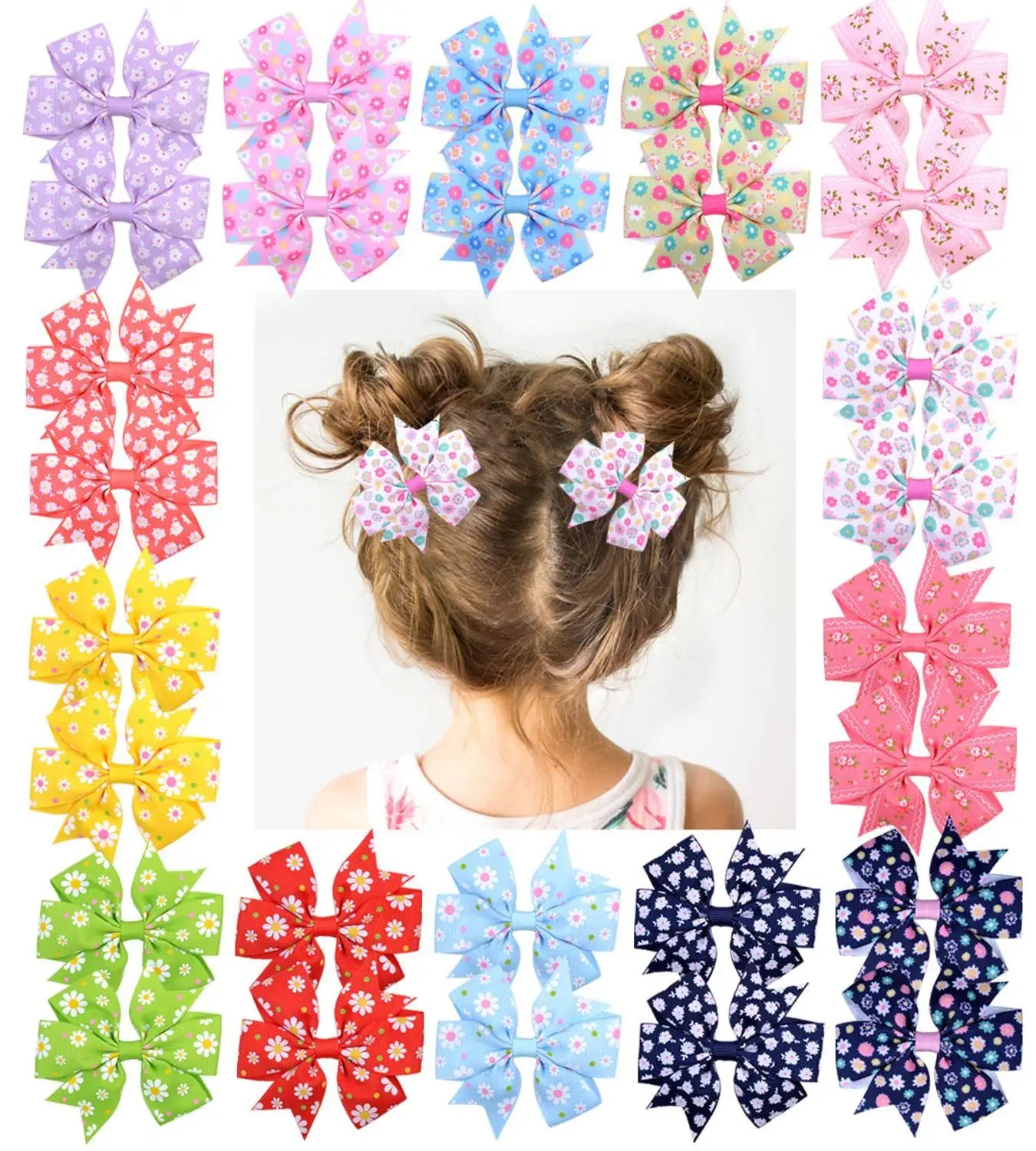 20 Colors Printed Flower Hair Bows With Clip for Girls Grosgrain Ribbon Hair Clip Hairgrips