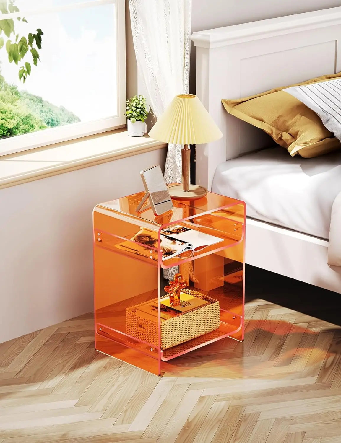Orange Acrylic Record Player Table Storage Shelf One Seat Square PU End Table Nightstand Clear Side Table for Living Room Sofas