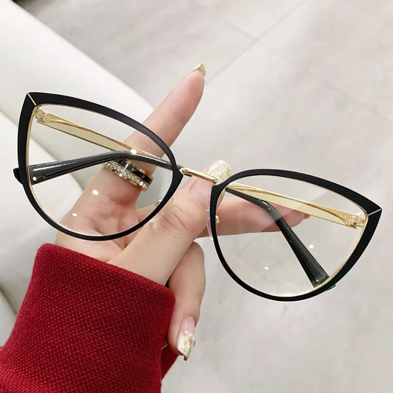 Fashionable Cat Eye Anti Blue Light Eyeglasses New Trendy Metal Frame with AC Lens Flat Light Glasses