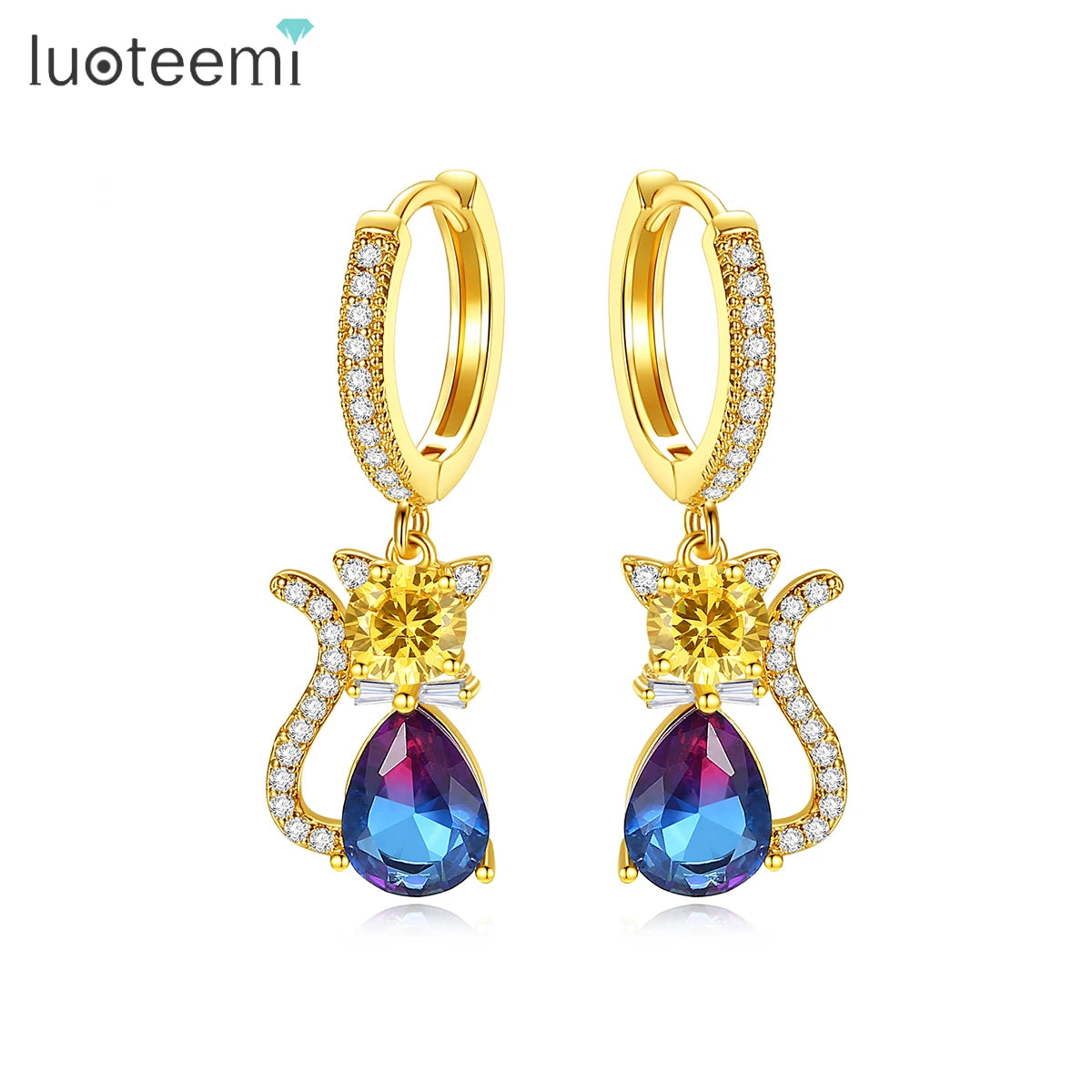 LUOTEEMI Wholesale Hoop Earrings 18k Gold Plated Hoop Earrings Animal Cat Crystal Cubic Zirconia Hoop Cat Earrings