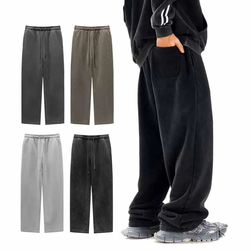 Autumn/Winter Youth Casual Plus Fleece Sports Knit Sweatpants Straight Leg Men's Washed Sweatpants
