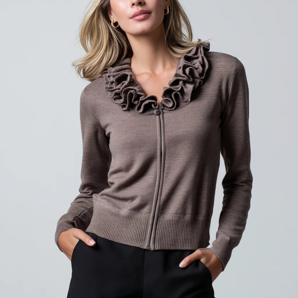 Women's Wool Blend Zip-Up Sweater with Unique Statement Collar Casual Style Knitwear with Front Logo Position
