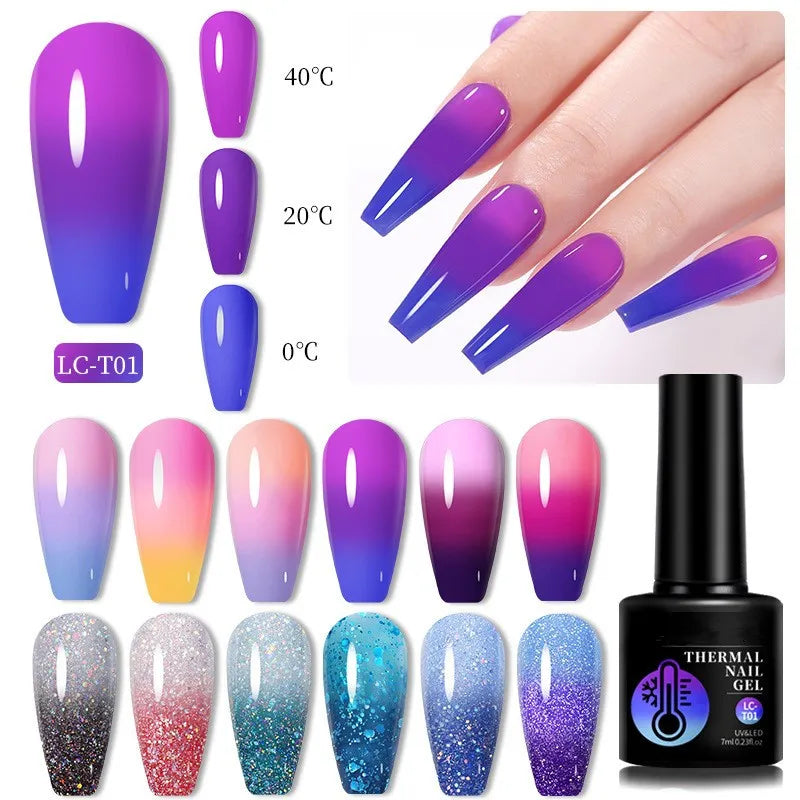 2026 New Trend Sparkling Powder Temperature Variable Nail Gel Hot Selling Salon Colorful Changing Large Glitter Nail Gel Polish