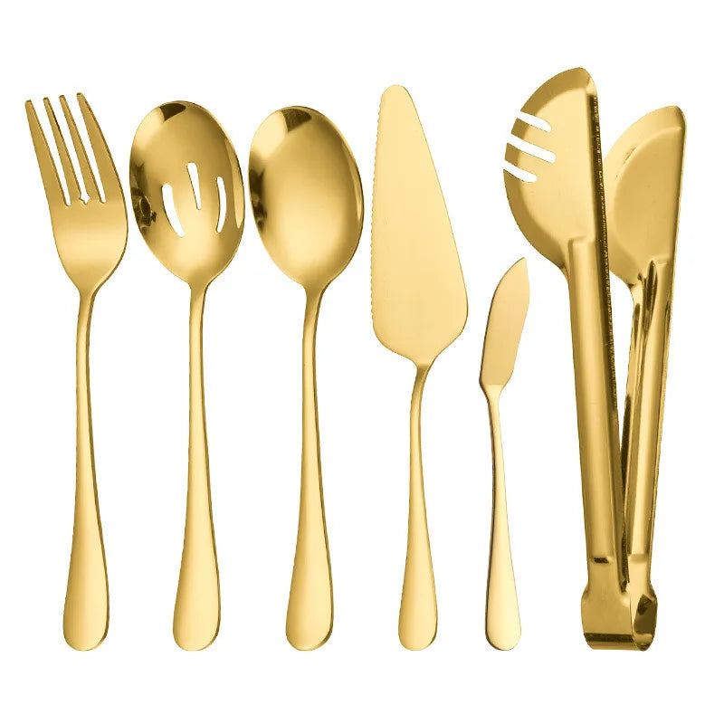 6 Pieces Serving Spoon Set Stainless Steel Gold Serving Spoons Buffet Banquet Tong Utensils
