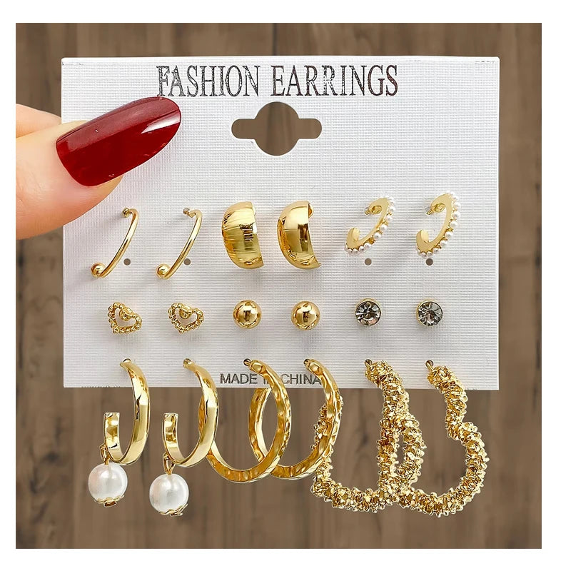 9Pcs/Set New Fashion Gold Color Heart Rhinestone Pearl Hoop Earrings Set for Women Jewelry