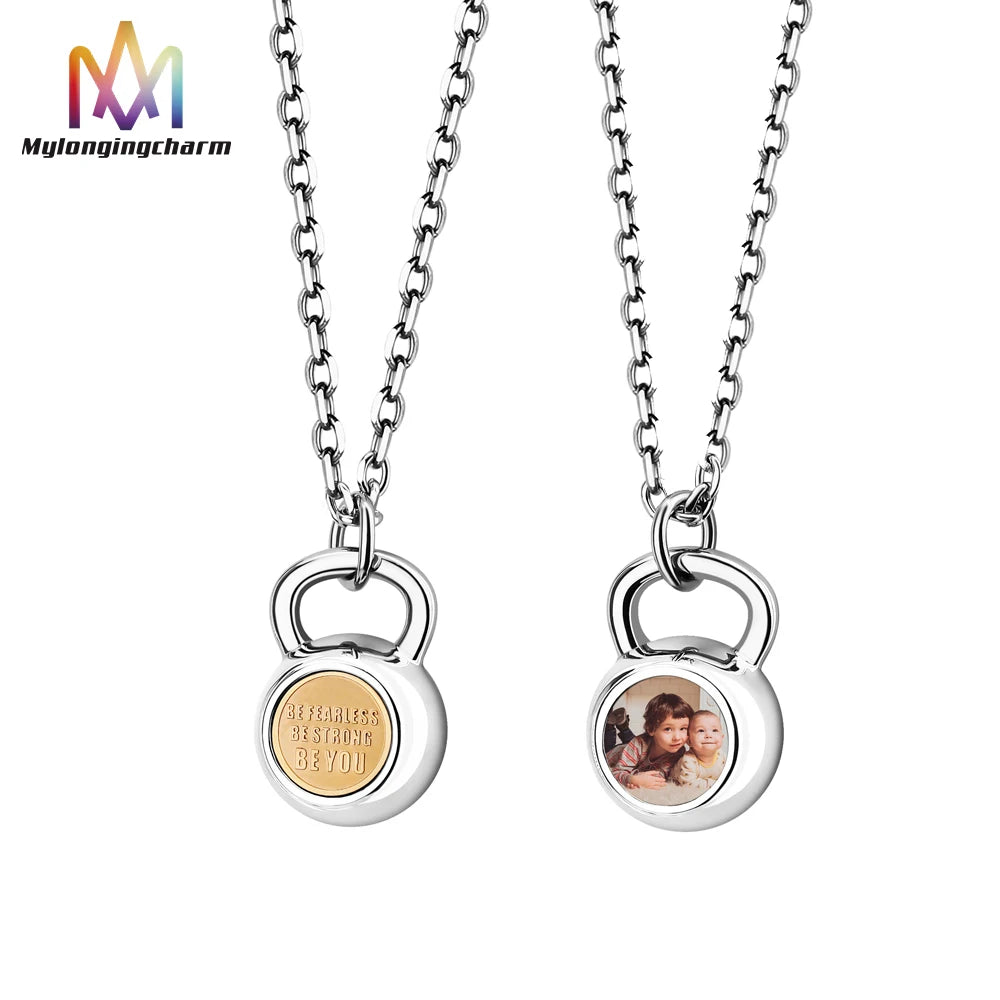 Stainless Steel Memory Photo Frame Necklace Trendy Kettlebell Charm Pendant with Custom Photo New Link Chain Jewelry