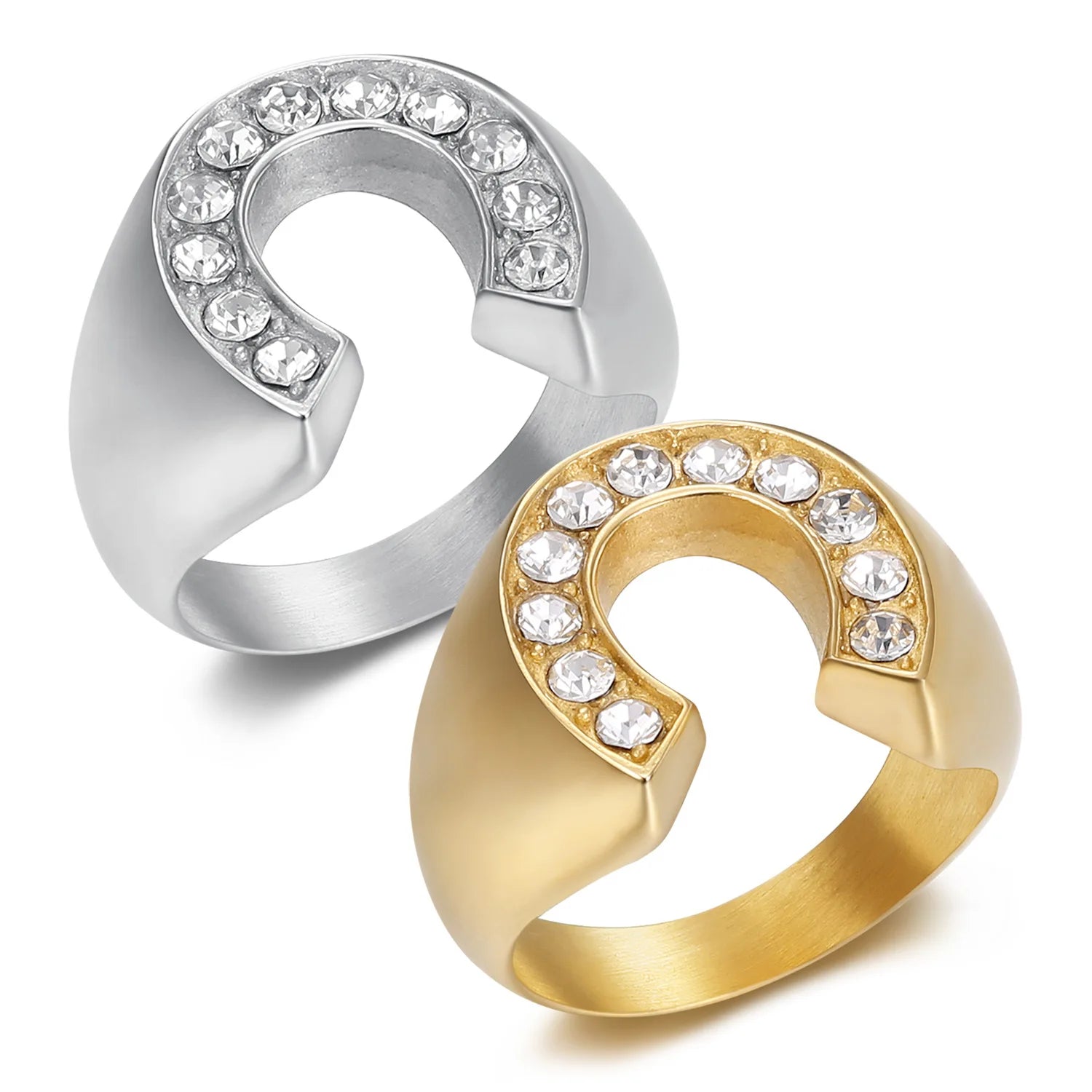 Stainless Steel Christian Gold Plated Unisex Zircon Rings Horseshoe Shaped Geometric Ring Fashion Fine Party Jewelry Wholesale