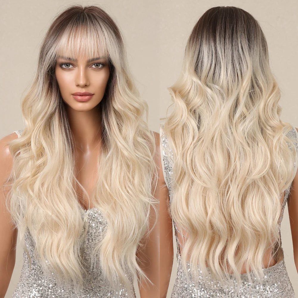 Factory Wholesale Price Long Water Wavy Synthetic Wigs Ombre Blonde Dark Roots Natural Hair Wigs Wigs Heat Resistant Fiber