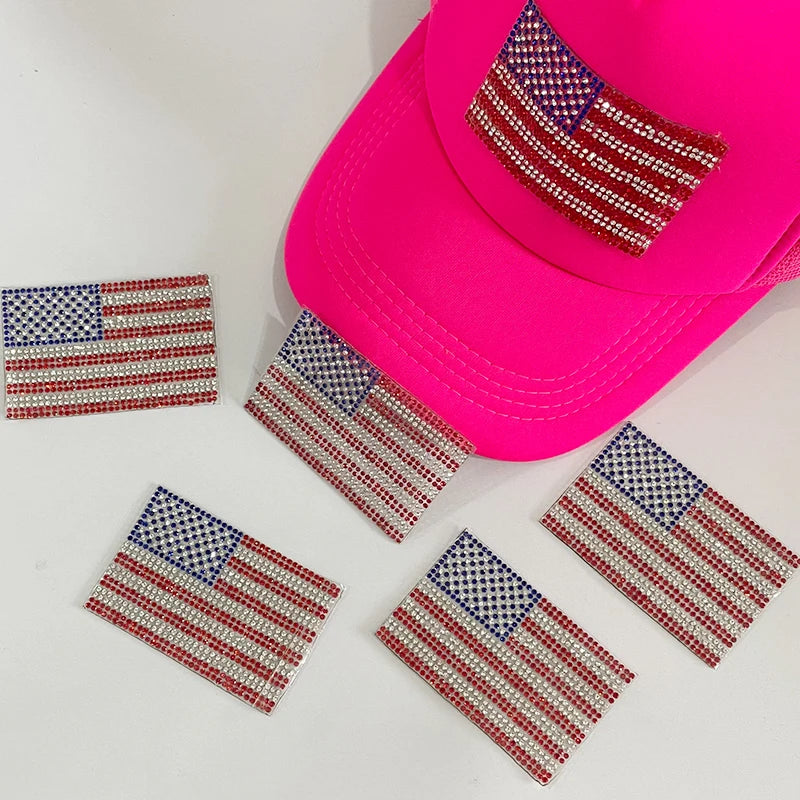 Wholesale American Flag Patch Hat Iron on Badge Patch Sparkling National Country US Rhinestone Flag Patch for Hat Bag Clothing